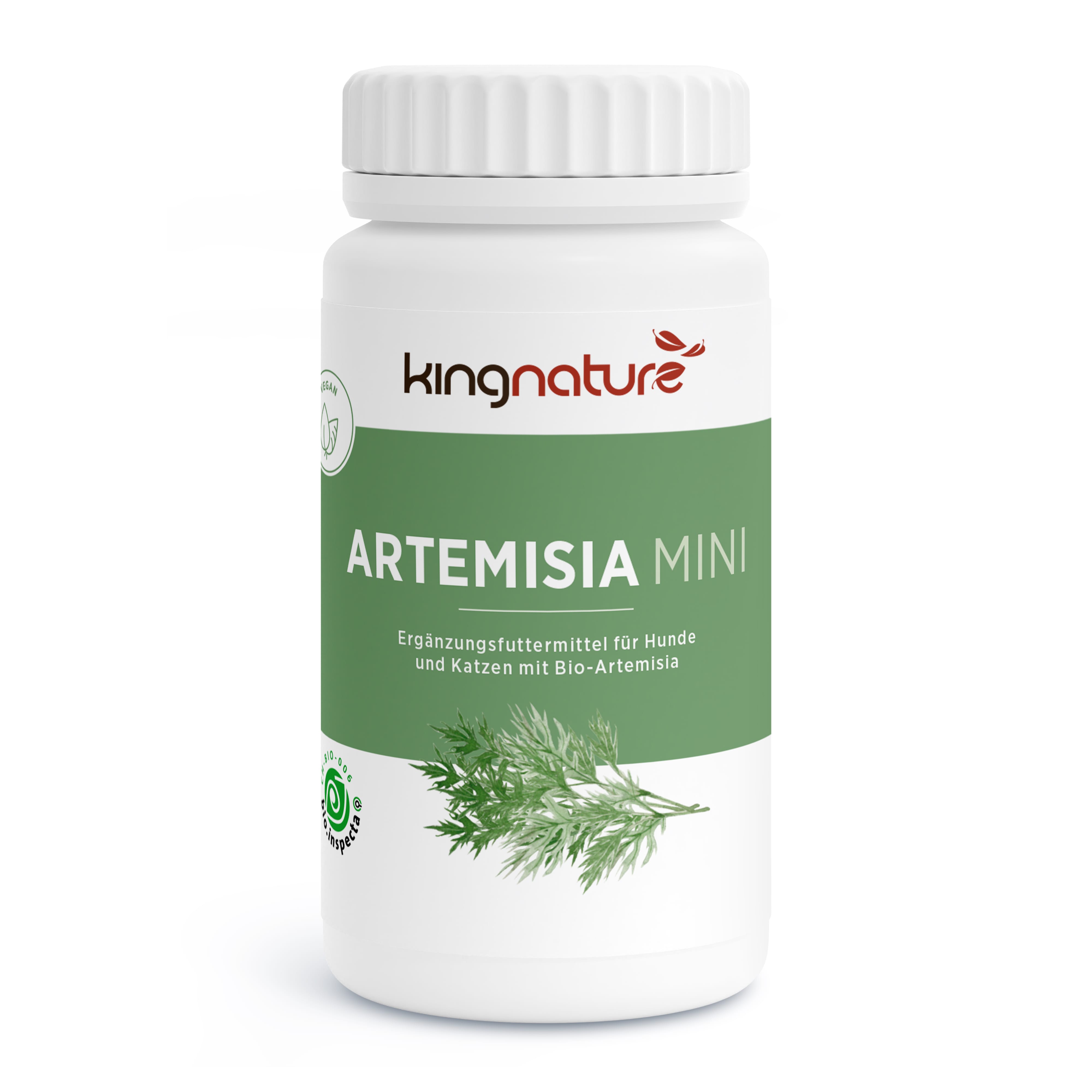 Eine weiße Flasche mit der Aufschrift „kingnature ARTEMISIA MINI“ zeigt eine Abbildung grüner Artemisia-Blätter. Das Etikett in deutscher Sprache weist darauf hin, dass es sich um ein Nahrungsergänzungsmittel für Hunde und Katzen aus biologischem Artemisia handelt.