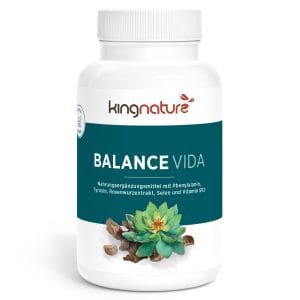 Eine weiße Balance Vida-Flasche von kingnature zeigt auf dem Etikett eine grüne Sukkulente und Wurzeln, wobei Phenylalanin, Tyrosin, Rosenwurzextrakt, Selen und Vitamin B12 hervorgehoben werden.