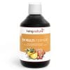 Eine Flasche Nahrungsergänzungsmittel Kingnature EM Multi Ferment mit Bildern von Ananas, Beeren und Kräutern auf dem Etikett, einem weißen Deckel und orangefarbenen Designakzenten für ein lebendiges Aussehen.