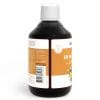 Eine braune Plastikflasche mit weißem Verschluss und orangefarbenem Etikett trägt den Produktnamen EM Multikraft, Ananasbilder und einen Barcode sowie detaillierte Informationen zu Probiotika an der Seite.