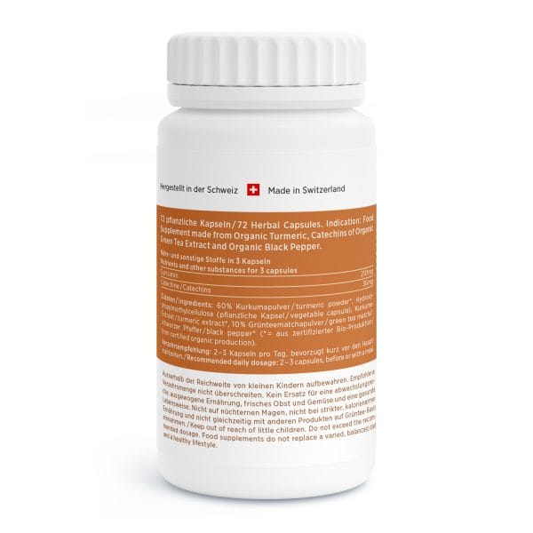 Eine weiße Flasche Kräuterkapseln mit orangefarbenem Etikett, auf dem englischer und deutscher Text sowie die Schweizer Flagge zu sehen sind. Das Etikett listet Inhaltsstoffe wie Kurkuma und schwarzen Pfeffer auf und unterstreicht so die Schweizer Qualität.