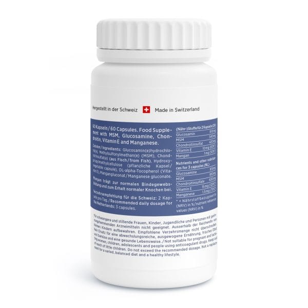 MSM-Vida_v4.3-Back Eine weiße Flasche mit Nahrungsergänzungsmittel, auf deren Etikett MSM, Glucosamin, Chondroitin, Vitamine und Mineralstoffe stehen. Die Verpackung zeigt Text in Deutsch und Englisch sowie ein Schweizer Flaggensymbol.