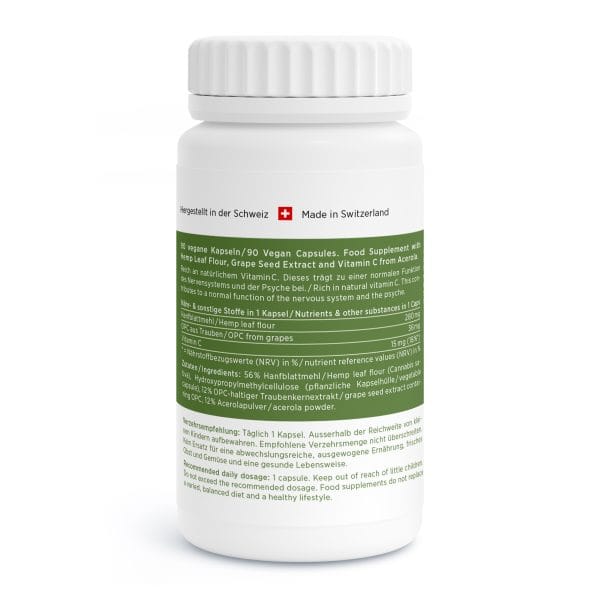 Eine weiße Flasche mit deutsch-englischem Etikett weist auf 90 vegane Kapseln hin. Zu den wichtigsten Inhaltsstoffen zählen Traubenkernextrakt und Vitamin C. Hergestellt wird das Produkt in der Schweiz.