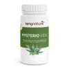 Eine weiße Flasche mit der Aufschrift „kingnature MYSTERIO VIDA“ und Abbildungen von Hanfblättern enthält ein Nahrungsergänzungsmittel aus Hanfblattpulver, Traubenkernextrakt und natürlichem Vitamin C aus Acerola.