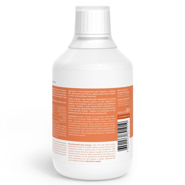 NeoVital_v3.1_Back Eine weiße Plastikflasche mit orangefarbenem Etikett zeigt Nährwertangaben, Zutaten, Barcode und Dosierungsanweisungen für ein Vitamin-C-Präparat. Der versiegelte Verschluss sorgt für Frische und der ausführliche Etikettentext ist gut lesbar.