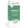Eine weiße Schachtel mit dem veganen Omega-3-Nahrungsergänzungsmittel von Kingnature mit grünem Text und einem Bild von goldenem Öl auf der Vorderseite. Das Etikett hebt es als pflanzliche Omega-3-Quelle aus Algen und Ahiflower hervor.