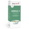 Eine weiß-grüne Schachtel mit dem veganen Omega-3-Nahrungsergänzungsmittel von Kingnature, mit einer Schale mit goldenem Öl, einem Symbol für die Gehirngesundheit und einem Text, der besagt, dass das Produkt vegane Omega-3-Fettsäuren aus Algen und Ahiflower enthält.