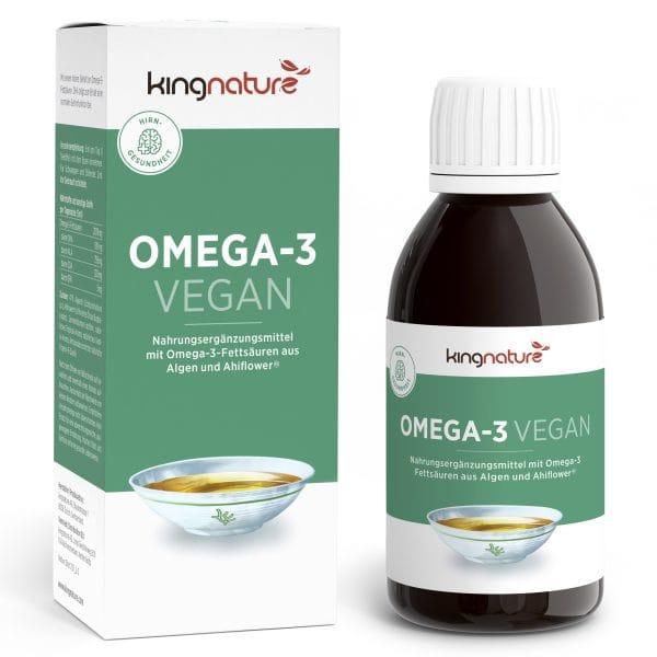 OMEGA3 Vegan_v3.0_BottleBox_De Eine Flasche und eine Schachtel des veganen Nahrungsergänzungsmittels Kingnature Omega-3. Die grün-weiße Verpackung zeigt eine Wasserschüssel. Das Produkt enthält pflanzliche Omega-3-Fettsäuren aus Algen und Ahiflower und ist für einen veganen Lebensstil konzipiert.