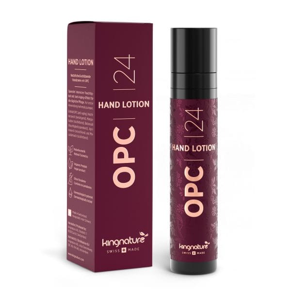 OPC24_Handlotion_BottleBox_Front_WhiteBG Eine kastanienbraune Flasche der OPC 24 Handlotion steht neben ihrer passenden Box, beide tragen die Aufschrift „OPC | 24 HAND LOTION“ und „kingnature SWISS MADE“. Jetzt OPC 24 Handlotion für gepflegte Hände kaufen.