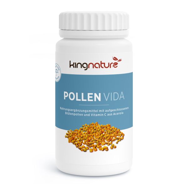 Die weiße Flasche mit der Aufschrift Pollen Vida enthält Bienenpollen-Granulat und hebt Blütenpollen sowie Vitamin C aus Acerola hervor - perfekt für alle, die Pollen Kapseln kaufen und ihr tägliches Wohlbefinden unterstützen möchten.