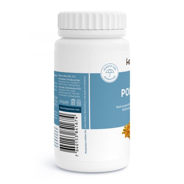 Eine weiße Kunststoffflasche mit weißem Schraubverschluss, teilweise umhüllt von einem blau-weißen Etikett mit Barcode, Produktinformation und einem runden deutschen Siegel. Pollen Vida ist ideal für alle, die Pollen-Kapseln als Nahrungsergänzungsmittel kaufen möchten.