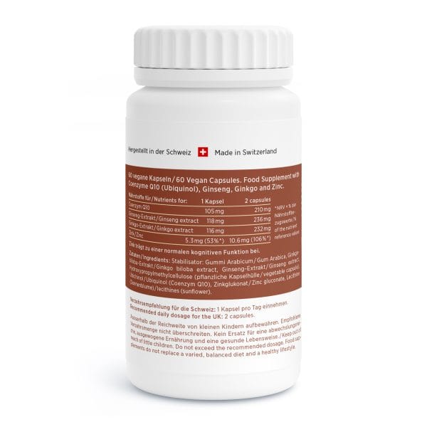 Eine weiße Flasche Nahrungsergänzungsmittel mit der Aufschrift „60 vegane Kapseln mit Coenzym Q10, Ginseng, Ginkgo und Zink“. Das Etikett enthält Nährwertangaben und Anwendungshinweise in Deutsch und Englisch zur einfachen Orientierung.