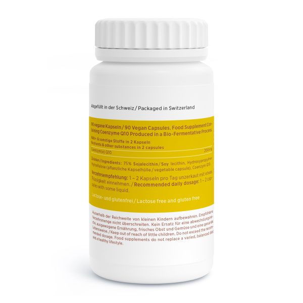 Q10 Vida – Coenzym Q10 wird in einer weißen Flasche mit gelbem Etikett geliefert und enthält 90 vegane, laktose- und glutenfreie Kapseln aus Schweizer Produktion. Inhaltsstoffe und Dosierung sind auf Deutsch und Englisch angegeben – ideal zum Kauf von Coenzym Q10.