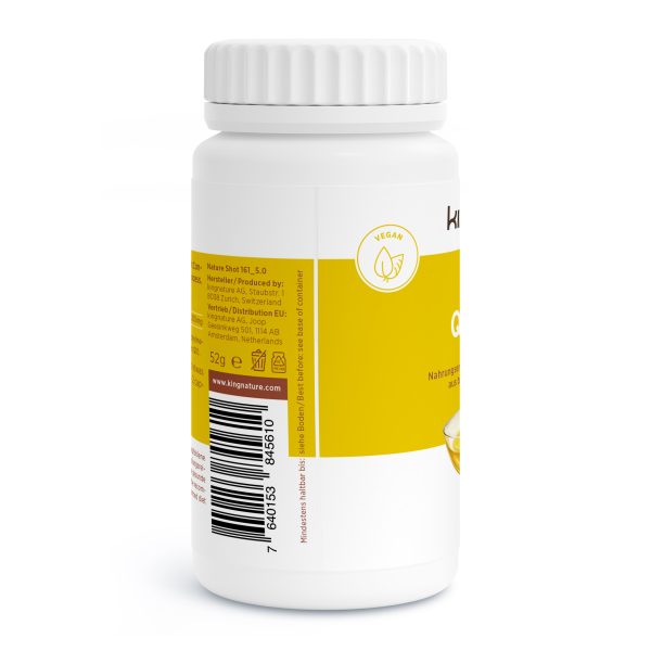 Eine weiße Flasche mit geripptem Deckel und gelbem Etikett trägt die Aufschrift „Q10 Vida – Coenzym Q10“ mit Blattsymbol, Barcode und mehrsprachigen Informationen. Dieses vegane Nahrungsergänzungsmittel ist ideal für alle, die Coenzym Q10 kaufen möchten.