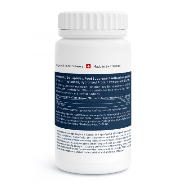Relax-Vida_v4.2-Back Eine weiße Flasche Nahrungsergänzungsmittel Relax Vida mit einem zweisprachigen deutsch-englischen Etikett, Dosierungsangaben, Ashwagandha als Zutat und einer Schweizer Flagge, die zeigt, dass das Produkt in der Schweiz hergestellt wird.