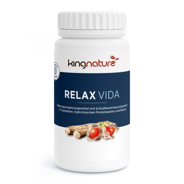 Relax-Vida_v4.2-Front Eine weiße Flasche mit der Aufschrift „Relax Vida“ enthält ein Nahrungsergänzungsmittel; auf dem Etikett sind Wurzeln und Beeren abgebildet und die Zutaten sind auf Deutsch aufgeführt.