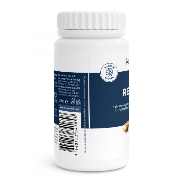 Relax-Vida_v4.2-Side Eine weiße Flasche mit weißem Deckel und blauem Etikett trägt das runde Logo von Relax Vida, einen Strichcode, deutsche Produktinformationen und enthält Kapseln mit Nahrungsergänzungsmitteln von Relax Vida.