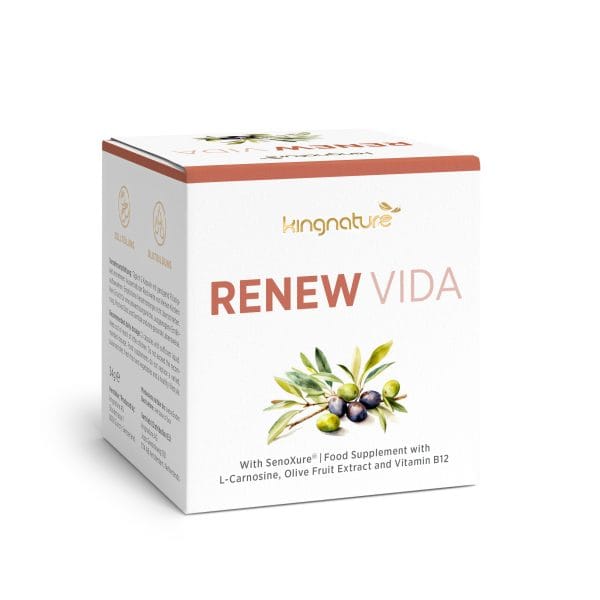 Eine Packung kingnature RENEW VIDA Nahrungsergänzungsmittel mit einem Olivenzweig. Die Verpackung hebt L-Carnosin, Olivenfruchtextrakt, Vitamin B12 und Schweizer Qualität als Hauptbestandteile hervor.