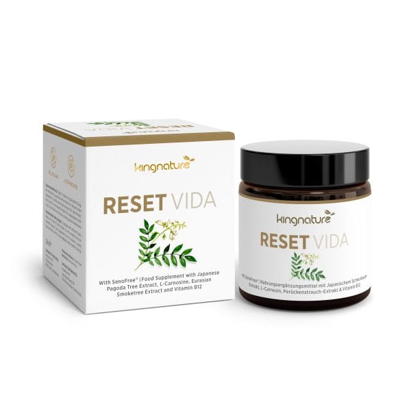 Eine weiße Schachtel und ein dunkles Glasgefäß mit der Aufschrift „Reset Vida“ zeigen Grafiken mit grünen Blättern und Blumen, Produktdetails und Markenzeichen sind in goldener und grüner Schrift dargestellt.