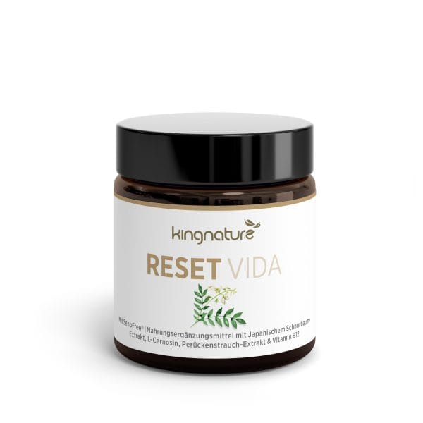 Ein braunes Glas mit schwarzem Deckel und der Aufschrift „Reset Vida“. Das Etikett zeigt grüne Blätter und weist darauf hin, dass es sich um ein Nahrungsergänzungsmittel mit japanischen Rosinen, L-Carnosin und Vitamin B12 handelt.
