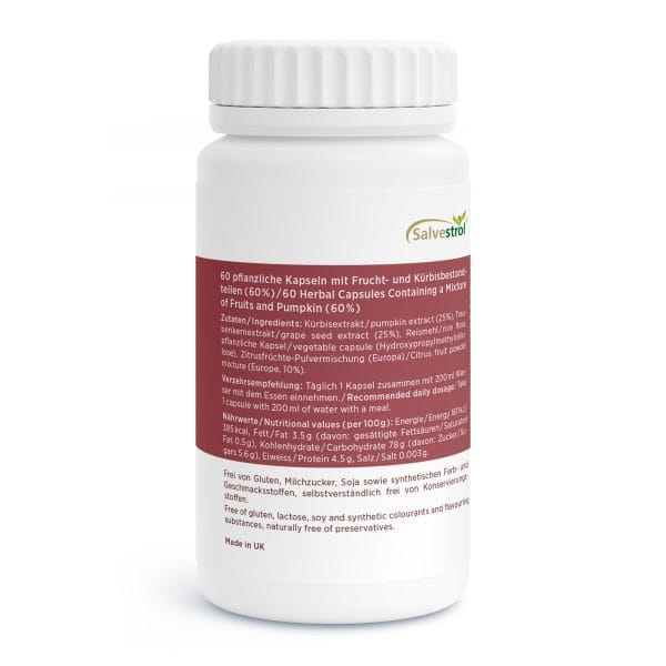 Salvestrol-Vida_350_5.2-Back Eine weiße Flasche mit der Aufschrift „Salvestrol“ und einem kastanienbraunen Etikett beschreibt den Inhalt als 60 Kräuterkapseln mit Früchten, Kürbis und Phytonährstoffen. Zutaten und Nährwertangaben sind auf Deutsch und Englisch abgedruckt.