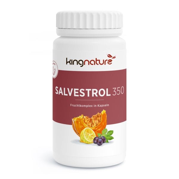 Salvestrol-Vida_350_5.2-Front Eine weiße Flasche mit der Aufschrift „kingnature SALVESTROL 350“ zeigt Abbildungen von Kürbis, Zitrone und Beeren. Das überwiegend rote Etikett mit weißem Text hebt den Ausdruck „Fruchtkomplex in Kapseln“ hervor und präsentiert eine farbenfrohe Fruchtmischung.