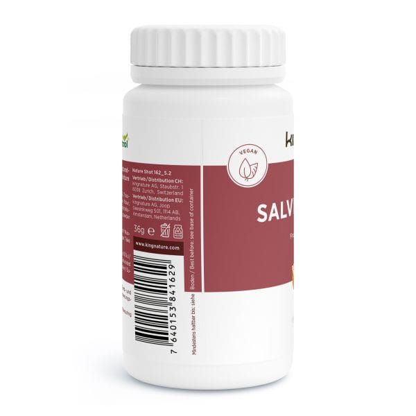 Salvestrol-Vida_350_5.2-Side Eine weiße Tablettenflasche aus Kunststoff mit weißem Verschluss trägt ein kastanienbraun-weißes Etikett mit einem veganen Symbol, einem Barcode, Produktinformationen und Vertriebsdetails. Der Markenname „kingnature“ ist teilweise sichtbar und unterstreicht die veganfreundliche Formel.