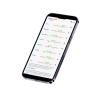 Auf einem Smartphone wird die App TAP-Blut-Test Mikronährstoffe angezeigt, die horizontale Balkendiagramme mit den gemessenen Werten von Eisen, Magnesium, Vitaminen, Kupfer und Zink enthält.