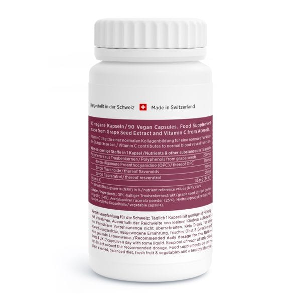 Vino-Vida_v3.4-Back Eine weiße Flasche mit veganen Kapseln trägt ein Etikett auf Deutsch und Englisch, auf dem Inhaltsstoffe wie Traubenkernextrakt und Vitamin C aufgeführt sind. Auf der Verpackung ist eine Schweizer Flagge mit der Aufschrift „Made in Switzerland“ abgebildet.