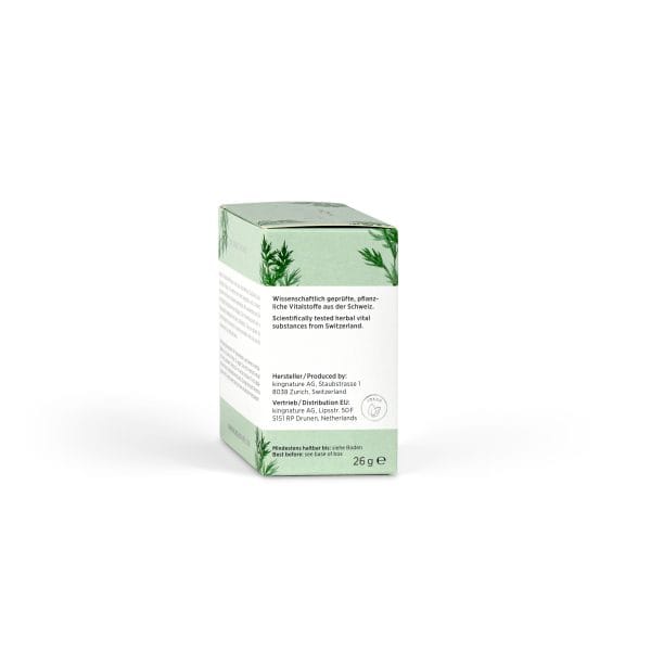 artemisia shot_side left_v2.0 Der Artemisia Shot wird in einer kleinen, weiß-grünen 26-g-Dose mit botanischen Illustrationen und deutsch-englischem Text zu Schweizer Kräuterzutaten geliefert. Dieses Produkt wird in den Niederlanden hergestellt.