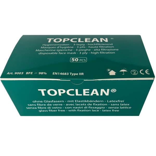 Eine blaugrüne Schachtel OP Gesichtsmasken Typ IIR (50 Stk.): 3-lagige, hochfiltrierende, latex- und glasfaserfreie Einwegmasken. Die Verpackung ist mit mehrsprachigem Text versehen.